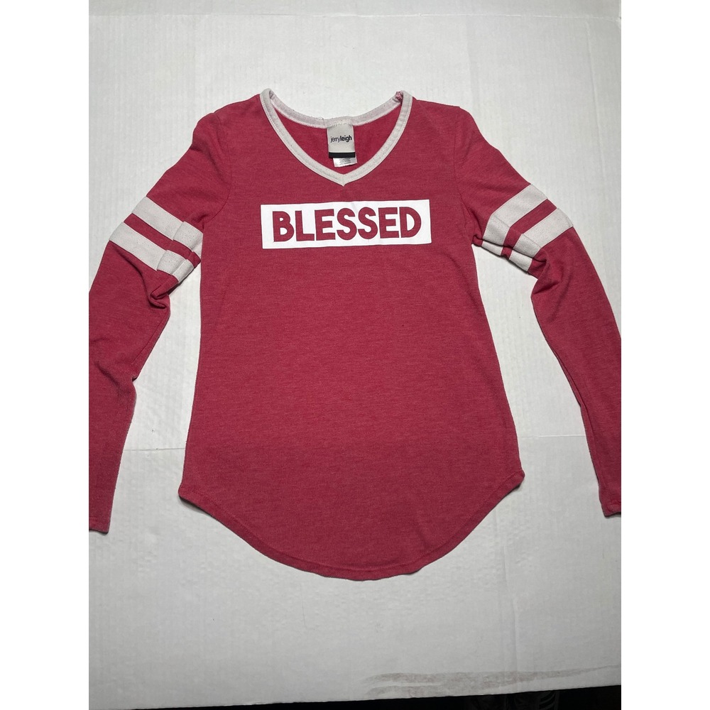 Jerry Leigh Juniors Blessed V-Neck Long Sleeve T-Shirt Red White XS